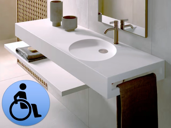 Plan vasque lavabo PMR, adaptée aux personnes à mobilité réduite, L. 80 à 200 cm x P. 46 à 80 cm, résine composite de haute qualité, Finition lisse blanc, Livraison Offerte.